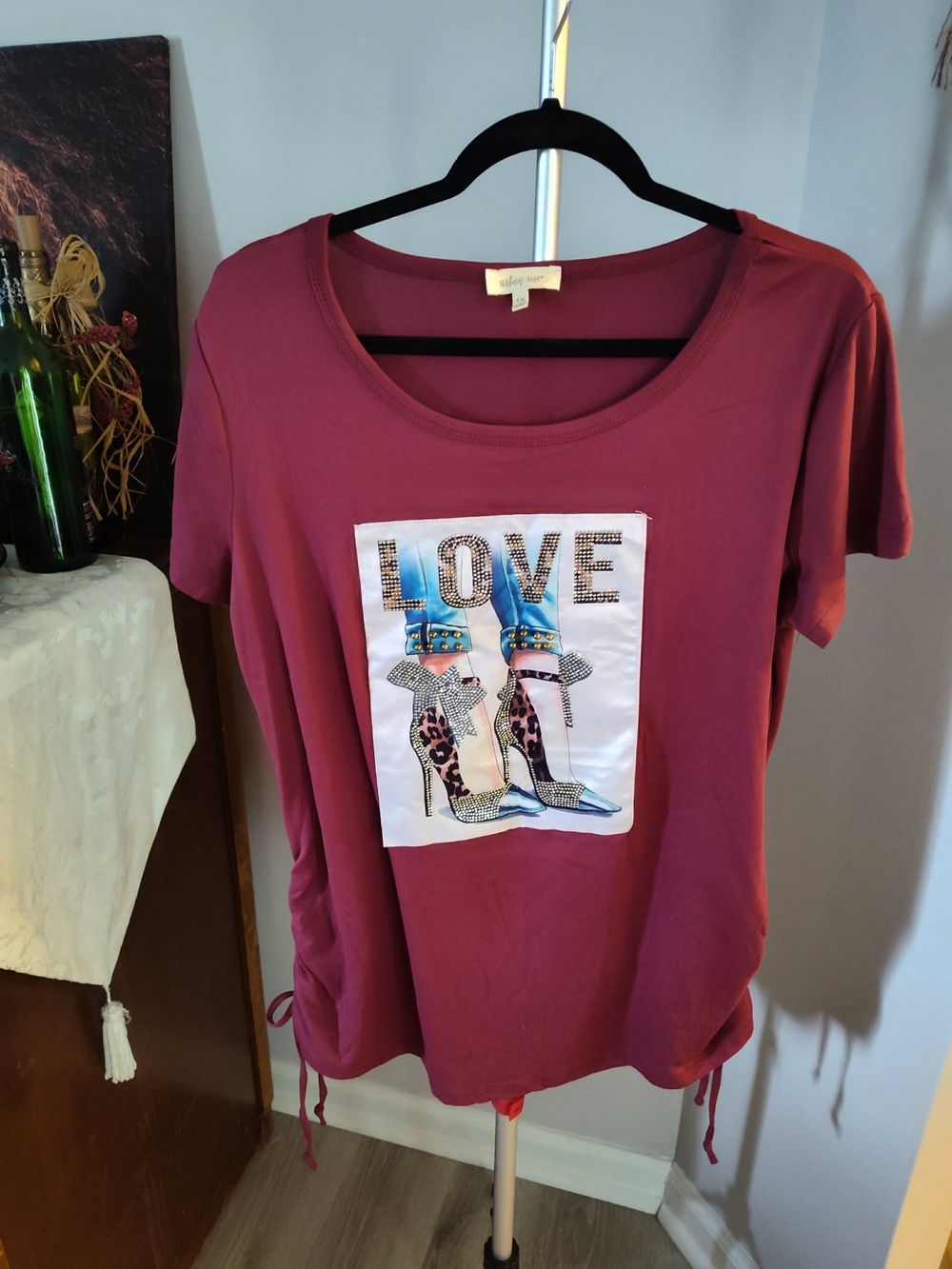 Shiny Silver Studded Love 3D Graphic Tee - Women's Short Sleeve Top in Berry